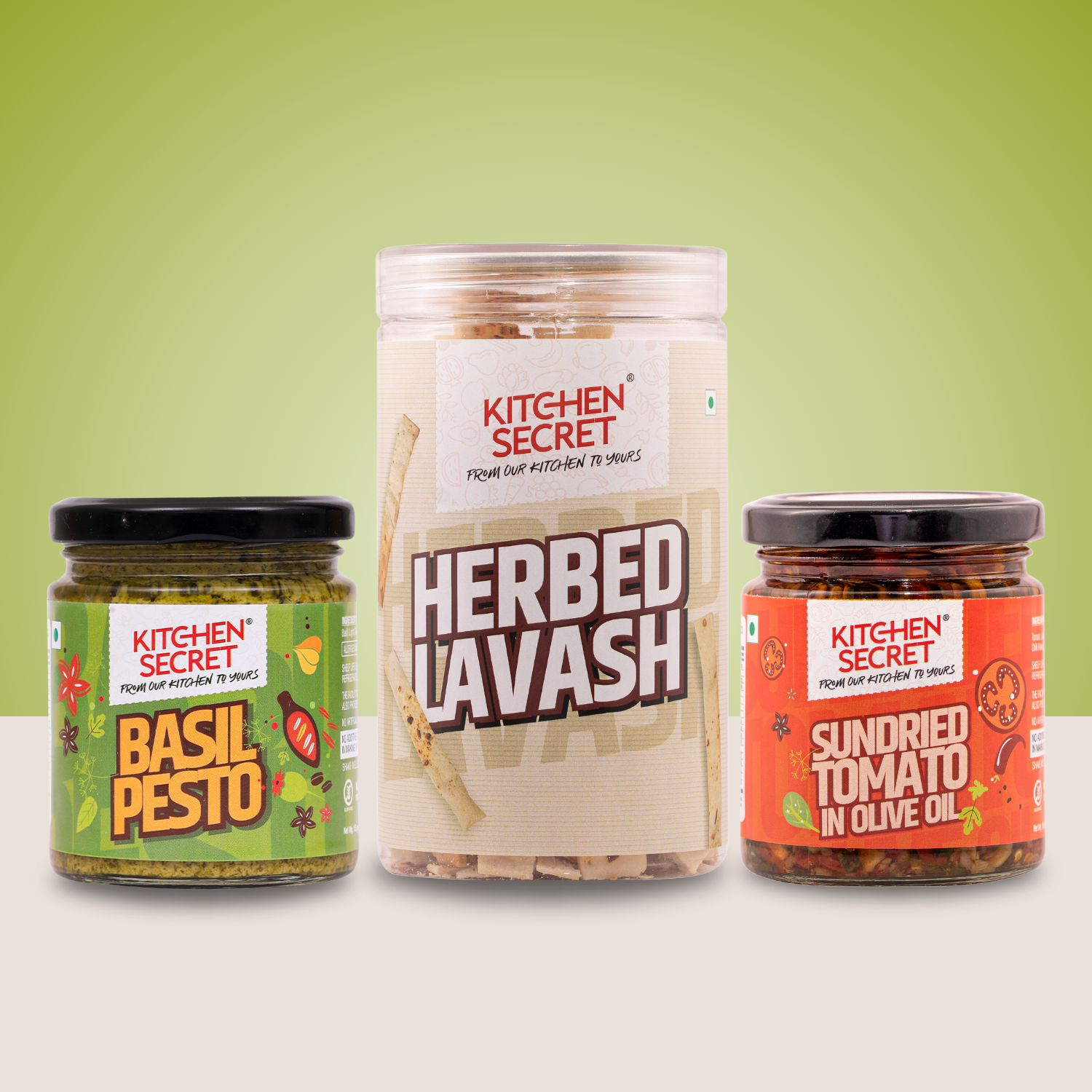 Herbed lavash(200g), Basil Pesto(185g) & Sundried Tomato in Olive Oil(185g) Combo