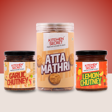 Atta Mathri (320g), Garlic Chutney (185g)& Lemon Chutney (200g) - Chai Time Combo